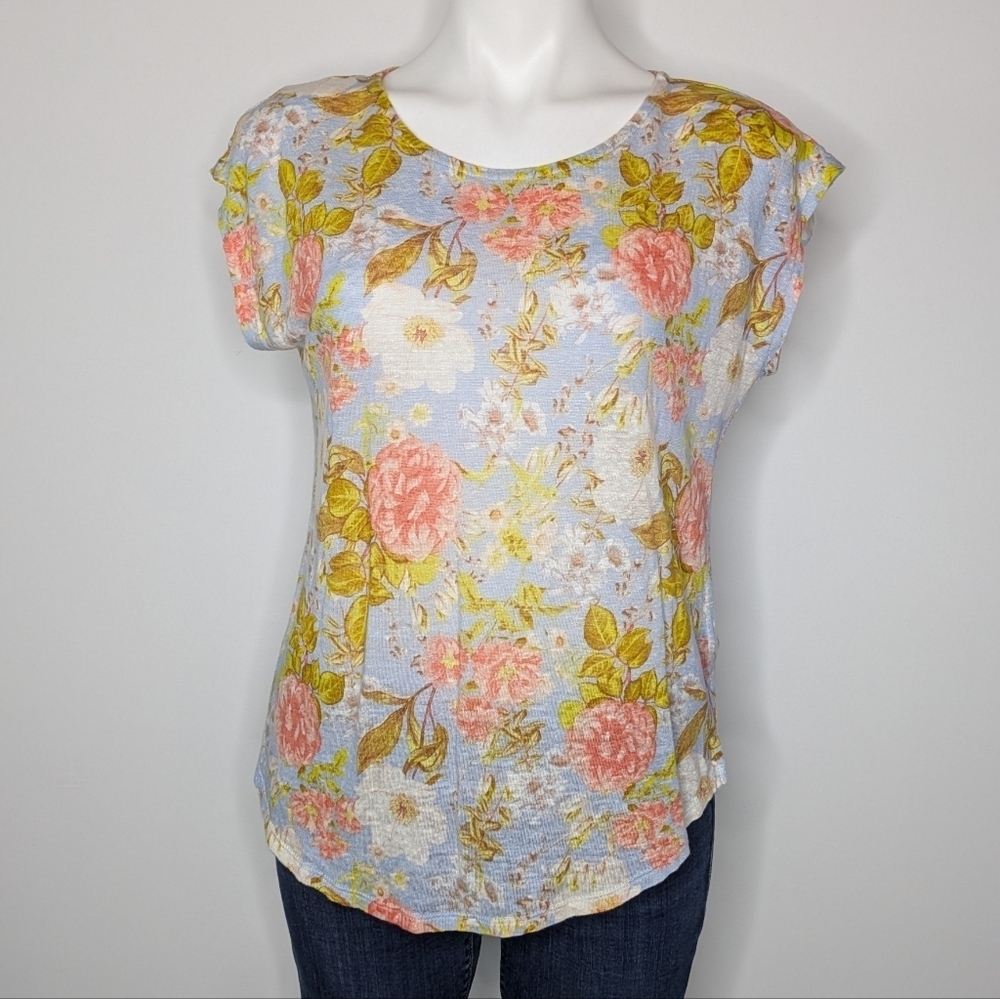 Joie Blue Green Floral Linen Lightweight Sheer Tshirt L